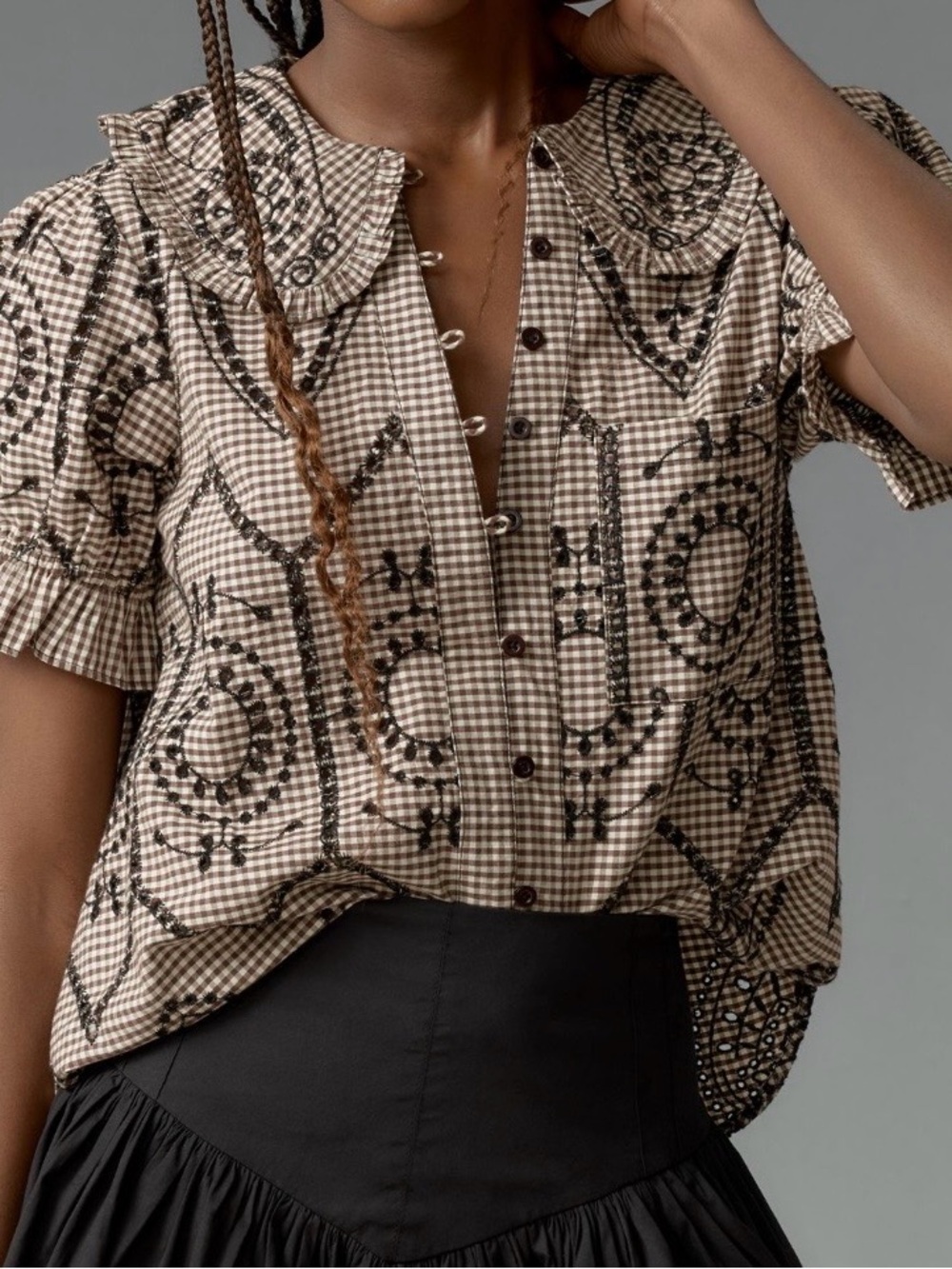 Anthropologie Pilcro Kiera checkered black tan top. size Large NWT
